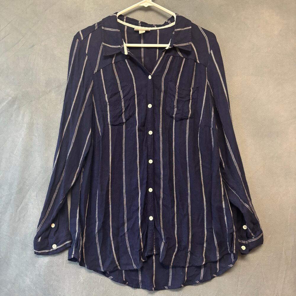 CB Navy Stripe Button Front Shirt Women’s 1X Rayon Long Sleeve Blouse Cottage